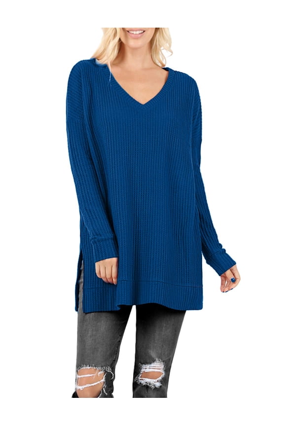 Womens Knit Sweater Long Sleeve V-Neck Thermal Waffle Warm Casual Tunic Pullover Side Slit Knitted Top NEWT395 Sapphire 1XL