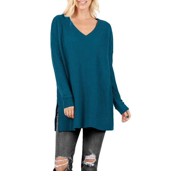 J. METHOD Women’s Knit Sweater Long Sleeve V-Neck Thermal Waffle Warm Casual Tunic Pullover Side Slit Knitted Top NEWT395 Teal S