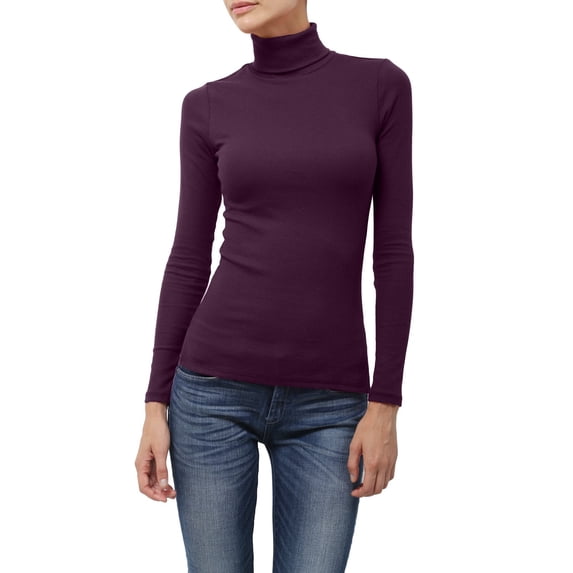 J. METHOD Women's Light Weight Basic Long Sleeve Turtleneck Knit Ribbed Shirt Sweater Mock Neck Top NEWT88 Grape L