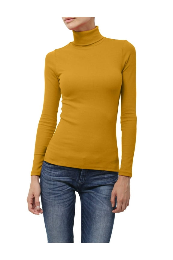 Women's Light Weight Basic Long Sleeve Turtleneck Knit Ribbed Shirt Sweater Mock Neck Top NEWT88 Mustard 1XL