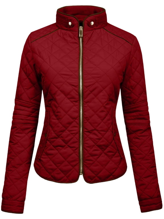 Women’s Lightweight Quilted Jacket Long Sleeve Full Zip Up Casual Stand Collar Coat Outerwear with Pockets NEWJ22 Burgundy L