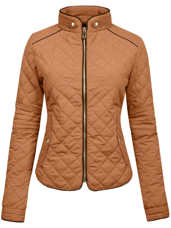 Women’s Lightweight Quilted Jacket Long Sleeve Full Zip Up Casual Stand Collar Coat Outerwear with Pockets NEWJ22 Camel S