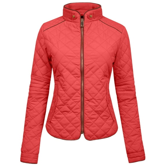 J. METHOD Women’s Lightweight Quilted Jacket Long Sleeve Full Zip Up Casual Stand Collar Coat Outerwear with Pockets NEWJ22 Salmon 2XL