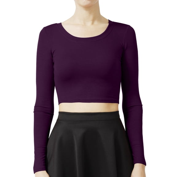 J. METHOD Women's Long Sleeve Scoop Neck Crop Top Solid Basic Casual Cropped T Shirts NEWT19 Dark Purple L