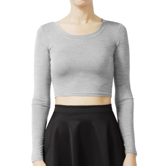 J. METHOD Women's Long Sleeve Scoop Neck Crop Top Solid Basic Casual Cropped T Shirts NEWT19 Heather Gray M