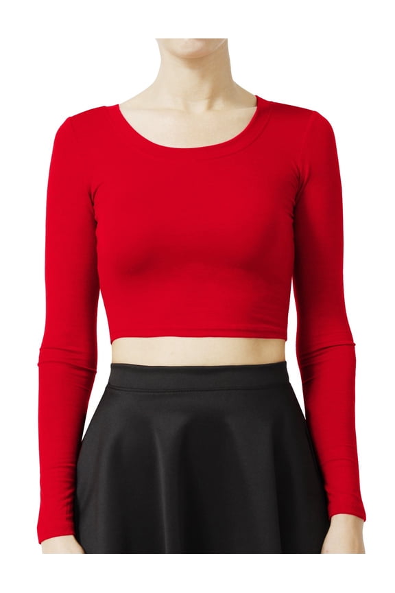 Women's Long Sleeve Scoop Neck Crop Top Solid Basic Casual Cropped T Shirts NEWT19 Red S