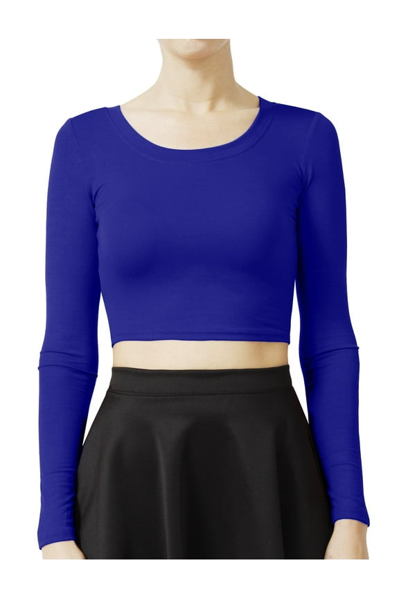 Women's Long Sleeve Scoop Neck Crop Top Solid Basic Casual Cropped T Shirts NEWT19 Royal Blue L