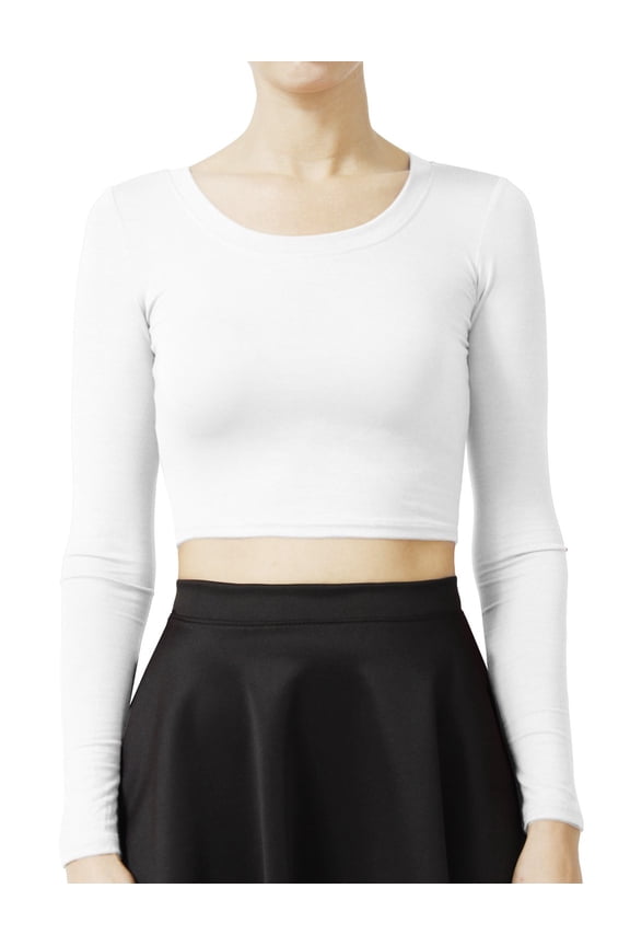 Women's Long Sleeve Scoop Neck Crop Top Solid Basic Casual Cropped T Shirts NEWT19 White M