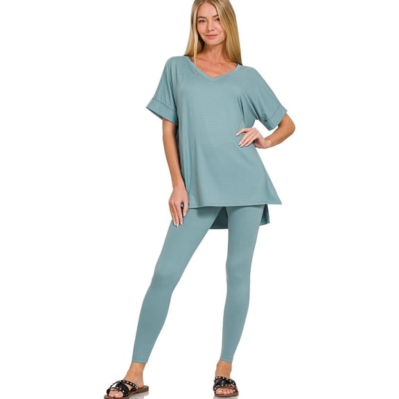 J. METHOD Women's Loungewear Set - 2 Piece Outfit Short Sleeve V-Neck Top and Leggings Soft Brushed Microfiber Fabric S-3XL