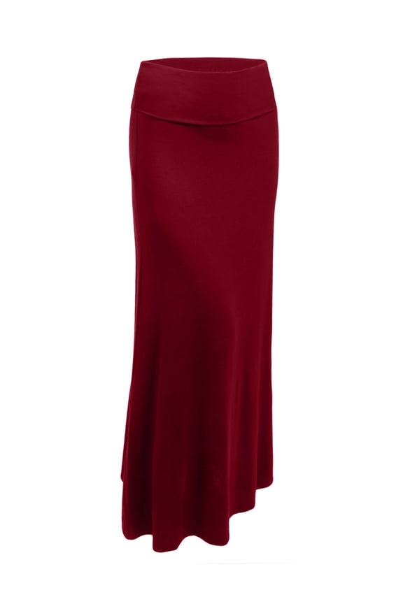 Women's Maxi Skirt High Waisted Fold Over Elastic Waistband Jersey Stretch Skirts Made in USA NEWSK05 Burgundy L