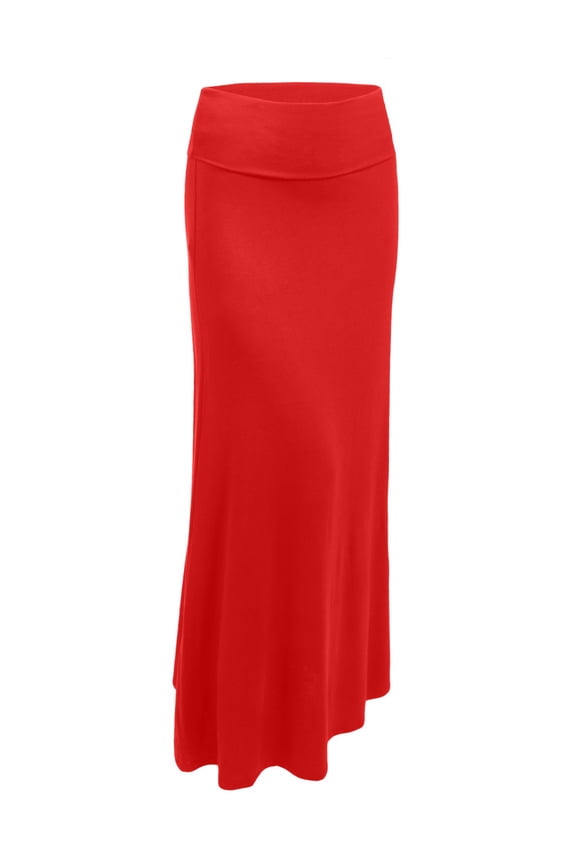 Women's Maxi Skirt High Waisted Fold Over Elastic Waistband Jersey Stretch Skirts Made in USA NEWSK05 Red M