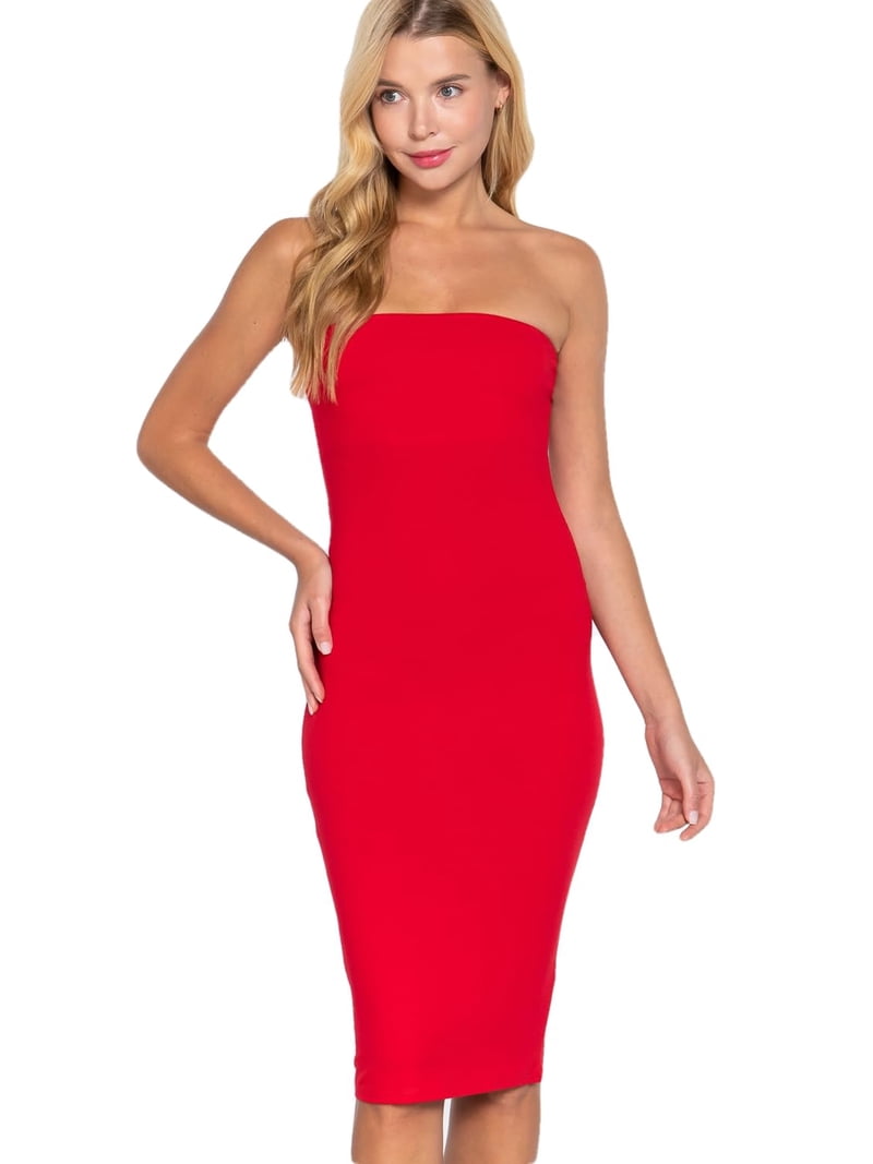 Women's Strapless Bodycon Sexy Stretchy Tube Midi Dress Bold Red / Medium