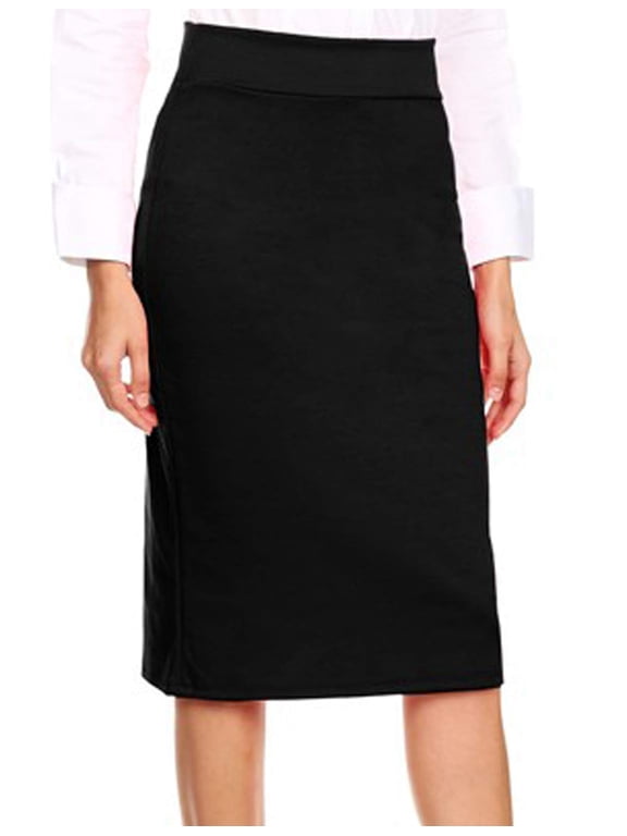 Women's Midi Skirt Basic Elastic Waist Knee Length Slim Fit Stretch Ponte Pencil Office Solid Skirts NEWSK40 Black L