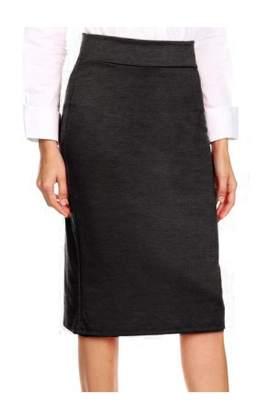 Women's Midi Skirt Basic Elastic Waist Knee Length Slim Fit Stretch Ponte Pencil Office Solid Skirts NEWSK40 Charcoal M