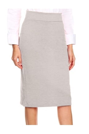 Women's Midi Skirt Basic Elastic Waist Knee Length Slim Fit Stretch Ponte Pencil Office Solid Skirts NEWSK40 Heatehr Gray M