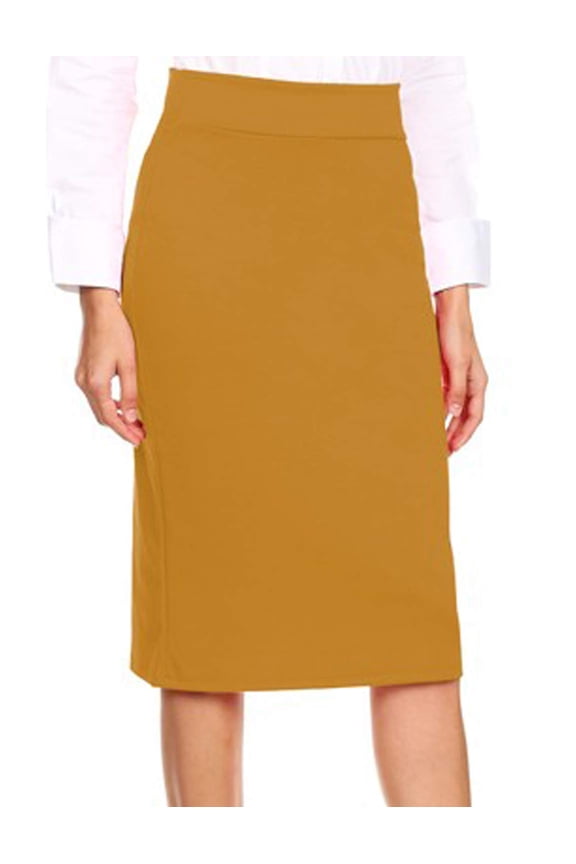 Women's Midi Skirt Basic Elastic Waist Knee Length Slim Fit Stretch Ponte Pencil Office Solid Skirts NEWSK40 Mustard M