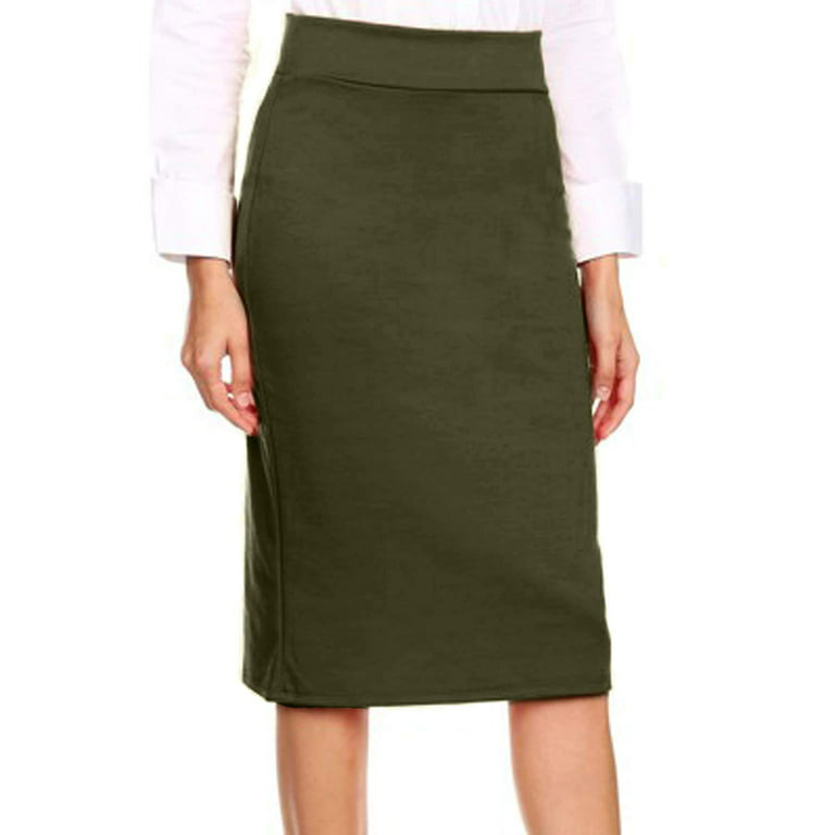 J. METHOD Women's Midi Skirt Basic Elastic Waist Knee Length Slim Fit Stretch  Ponte Pencil Office Solid Skirts NEWSK40 Olive M 