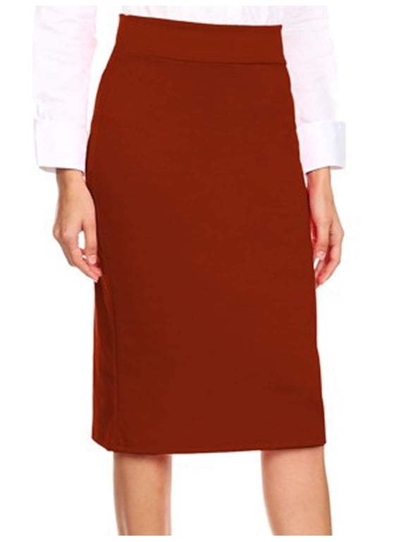 Women's Midi Skirt Basic Elastic Waist Knee Length Slim Fit Stretch Ponte Pencil Office Solid Skirts NEWSK40 Rust Brown L