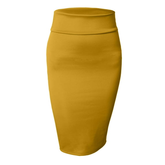 J. METHOD Women's Midi Skirt Stretch Knit Bodycon Slim Fit Office Elastic Waist Pencil Solid Skirts Made in USA NEWSK10 Mustard L