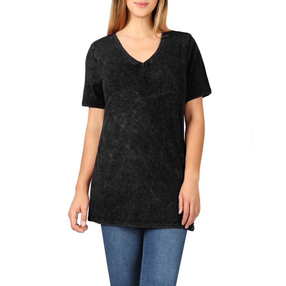 J. METHOD Women’s Mineral Wash Short Sleeve V-Neck Comfy T Shirts Casual Hip Length Top NEWT398 Charcoal M