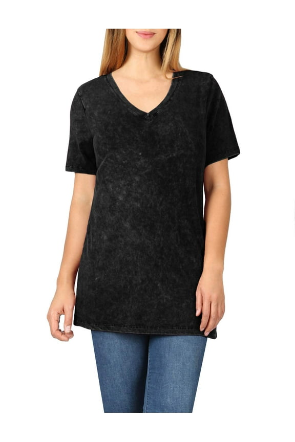 Women’s Mineral Wash Short Sleeve V-Neck Comfy T Shirts Casual Hip Length Top NEWT398 Charcoal S