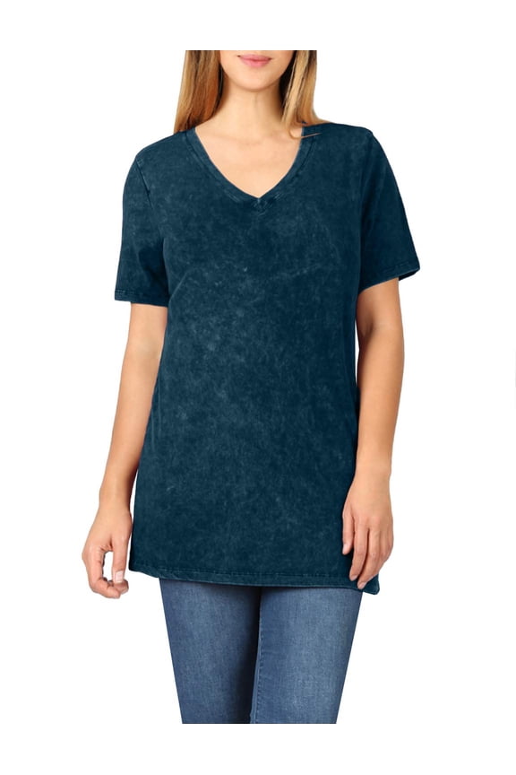 Women’s Mineral Wash Short Sleeve V-Neck Comfy T Shirts Casual Hip Length Top NEWT398 Navy M