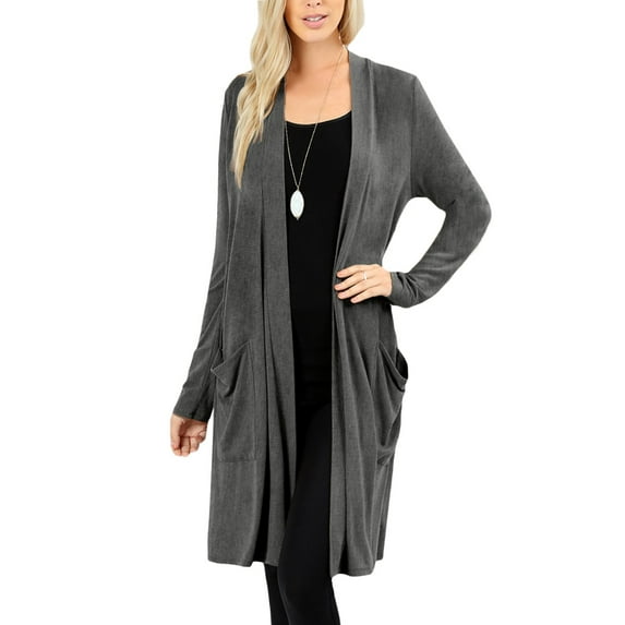 J. METHOD Women's Open Front Long Sleeve Cardigan Casual Basic Lightweight Soft Sweater with Slouchy Pockets NEWJ1440 Charcoal M