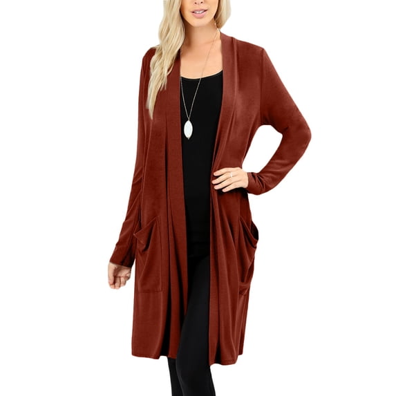 J. METHOD Women's Open Front Long Sleeve Cardigan Casual Basic Lightweight Soft Sweater with Slouchy Pockets NEWJ1440 Dark Rust S