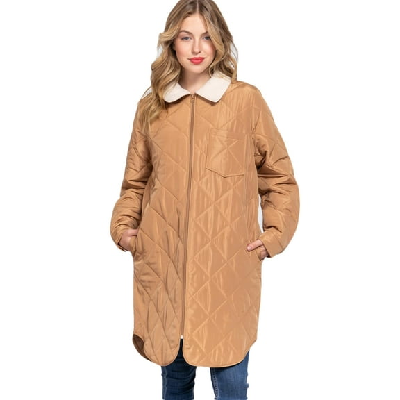 J. METHOD Women's Quilted Jacket Casual Long Sleeve Zipper Clouser Puffer Long Coat Outerwear