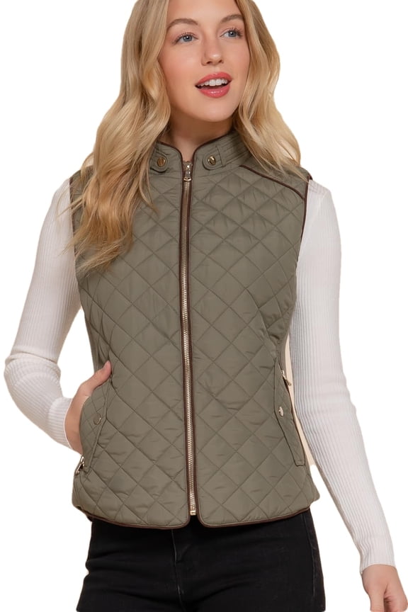 Women’s Quilted Vest – Lightweight Sleeveless Full Zip Up Casual Stand Collar Padding Gilet Jacket with Pockets