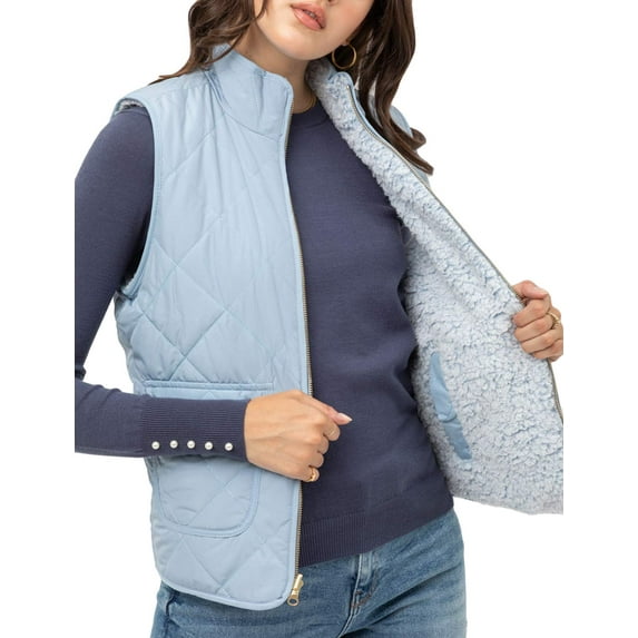 J. METHOD Women’s Quilted Vest Reversible Lightweight Sleeveless Full Zip Up Faux Fur Lining Gilet Jacket with Pockets NEWV44 Blue XL