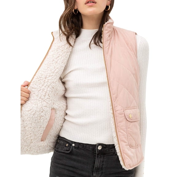 J. METHOD Women’s Quilted Vest Reversible Lightweight Sleeveless Full Zip Up Faux Fur Lining Gilet Jacket with Pockets NEWV44 Blush S