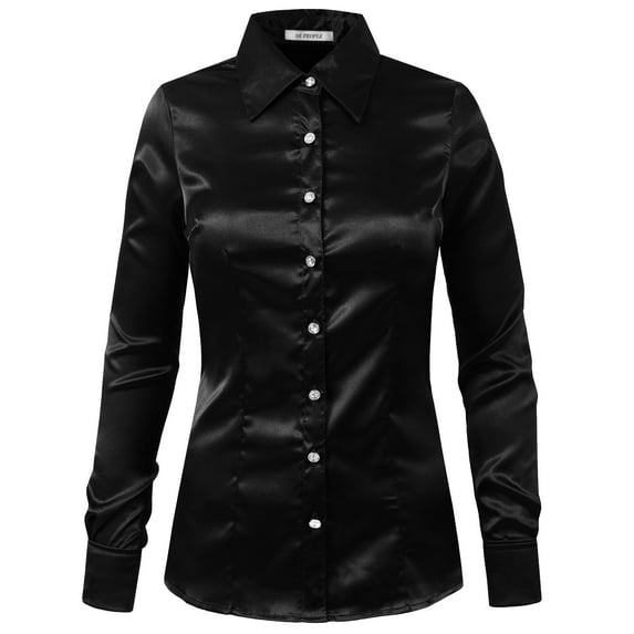 J. METHOD Women's Satin Button Down Shirt Long Cuff Sleeve Collar Silky Office Work Formal Casual Blouse Top NEWT74 Black L