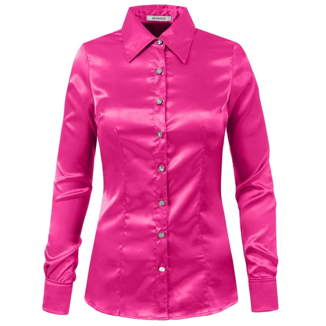 J. METHOD Women's Satin Button Down Shirt Long Cuff Sleeve Collar Silky