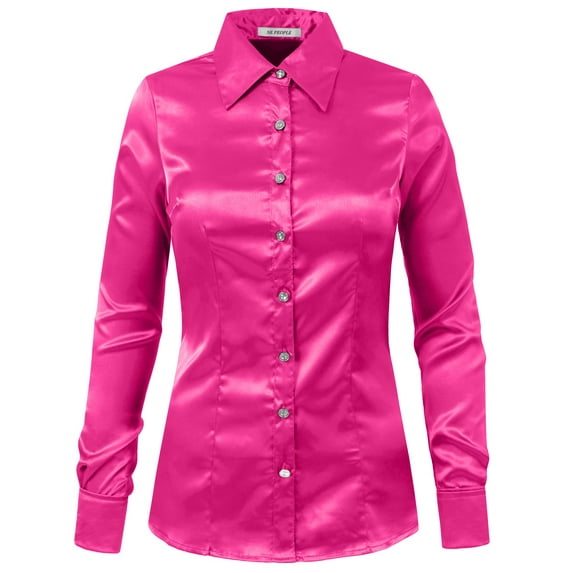 J. METHOD Women's Satin Button Down Shirt Long Cuff Sleeve Collar Silky Office Work Formal Casual Blouse Top NEWT74 Fuchsia M