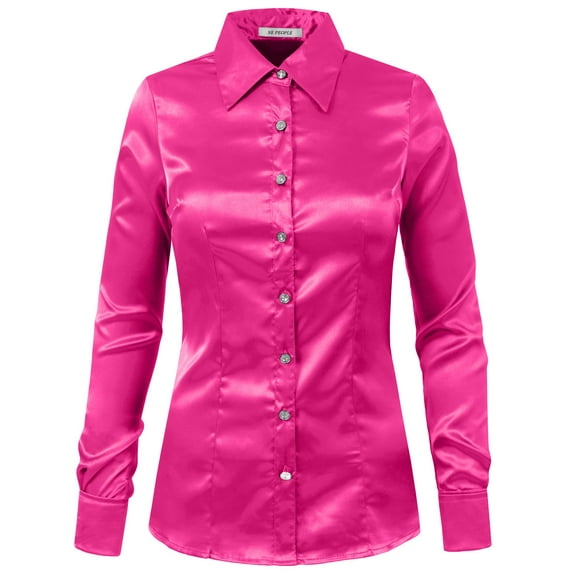 J. METHOD Women's Satin Button Down Shirt Long Cuff Sleeve Collar Silky Office Work Formal Casual Blouse Top NEWT74 Fuchsia XL