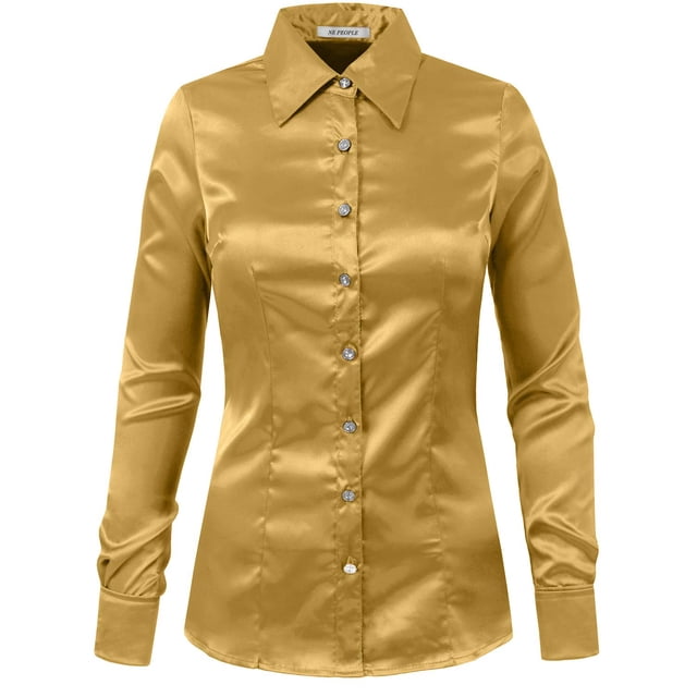 Women’s Satin Button Down Blouse Long Sleeve Office Shirt