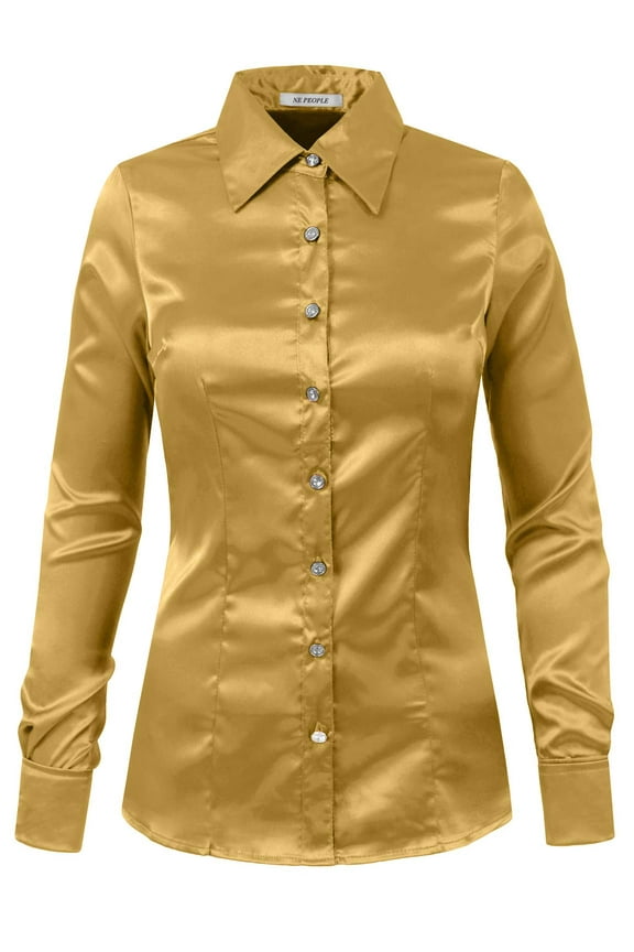 Women's Satin Button Down Shirt Long Cuff Sleeve Collar Silky Office Work Formal Casual Blouse Top NEWT74 Gold 1X