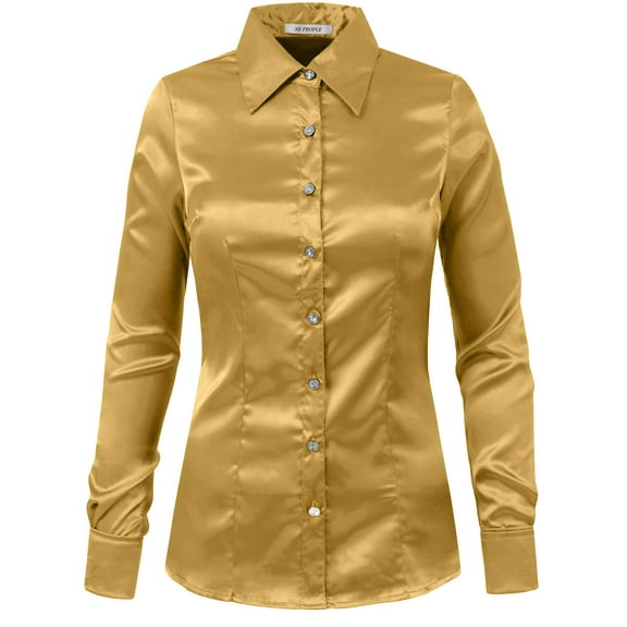 J. METHOD Women's Satin Button Down Shirt Long Cuff Sleeve Collar Silky Office Work Formal Casual Blouse Top NEWT74 Gold 3X