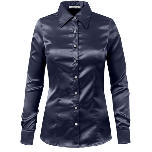 J. METHOD Women's Satin Button Down Shirt Long Cuff Sleeve Collar Silky Office Work Formal Casual Blouse Top NEWT74 Navy 2X