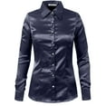 thumbnail image 1 of J. METHOD Women's Satin Button Down Shirt Long Cuff Sleeve Collar Silky Office Work Formal Casual Blouse Top NEWT74 Navy L, 1 of 7