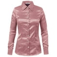 thumbnail image 1 of J. METHOD Women's Satin Button Down Shirt Long Cuff Sleeve Collar Silky Office Work Formal Casual Blouse Top NEWT74 Pink XL, 1 of 7