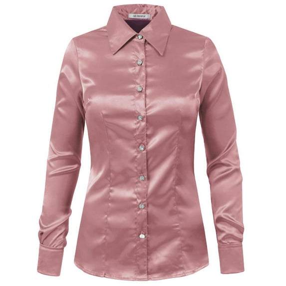 J. METHOD Women's Satin Button Down Shirt Long Cuff Sleeve Collar Silky Office Work Formal Casual Blouse Top NEWT74 Pink XL