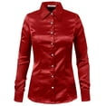 thumbnail image 1 of J. METHOD Women's Satin Button Down Shirt Long Cuff Sleeve Collar Silky Office Work Formal Casual Blouse Top NEWT74 Red L, 1 of 7