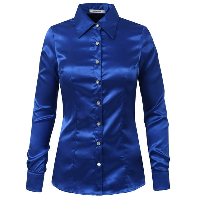 J. METHOD Women's Satin Button Down Shirt Long Cuff Sleeve Collar Silky