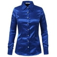 thumbnail image 1 of J. METHOD Women's Satin Button Down Shirt Long Cuff Sleeve Collar Silky Office Work Formal Casual Blouse Top NEWT74 Royal Blue M, 1 of 7