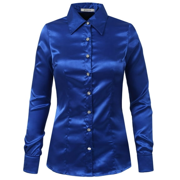 J. METHOD Women's Satin Button Down Shirt Long Cuff Sleeve Collar Silky Office Work Formal Casual Blouse Top NEWT74 Royal Blue S