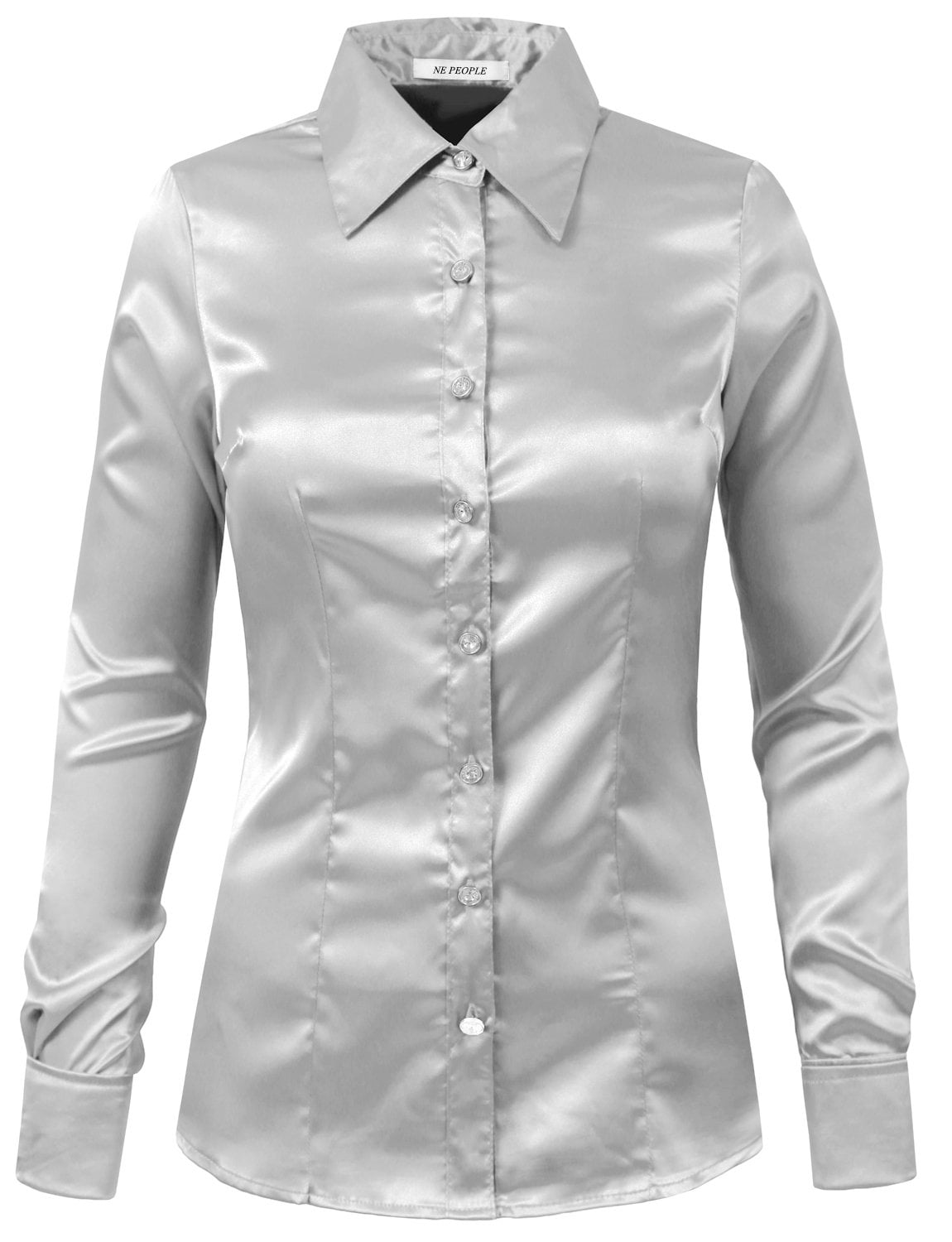 Women's Satin Button Down Shirt Long Sleeve Silk Style Office Blouse Regular Fit