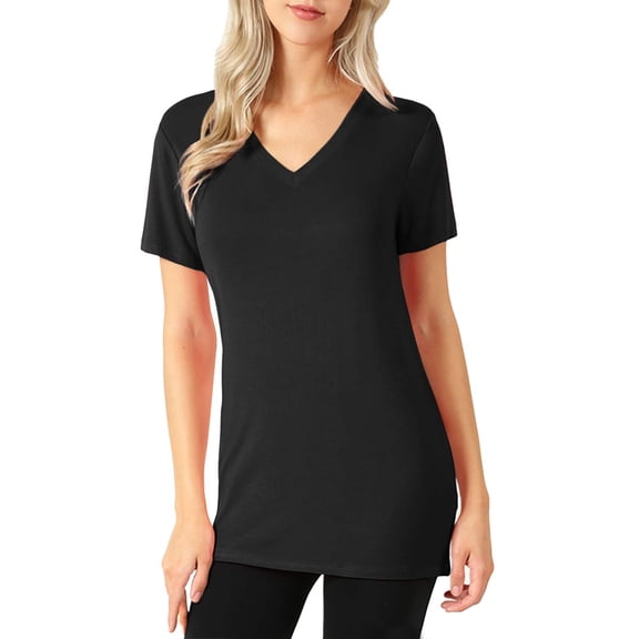 J. METHOD Women's Short Sleeve V-Neck T Shirts Premium Comfy Basic Daily Hip Length Tops NEWT413 Black S