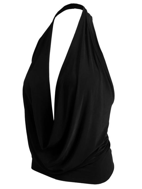 Women's Sleeveless Halter Neck Lightweight Low Cut Deep V Neck Sexy Draped Backless Top Blouse NEWT07 Black M